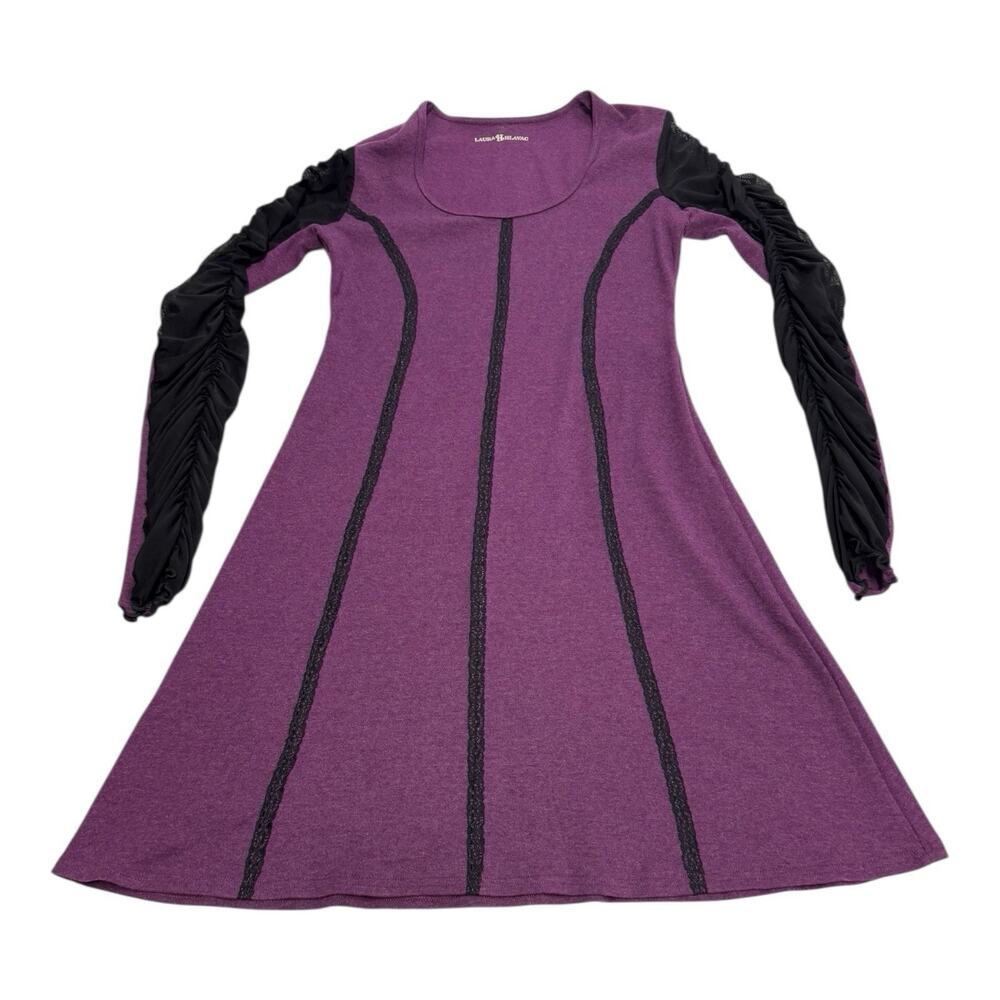 Laura Hlavac Medium Purple A-Line Black Lace Ruched Long Sleeve Dress Whimsigoth